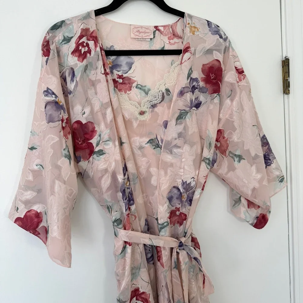 Angelique Vintage Floral‎ Robe & Slip Set Pink Jacquard Lace Trim Large made USA